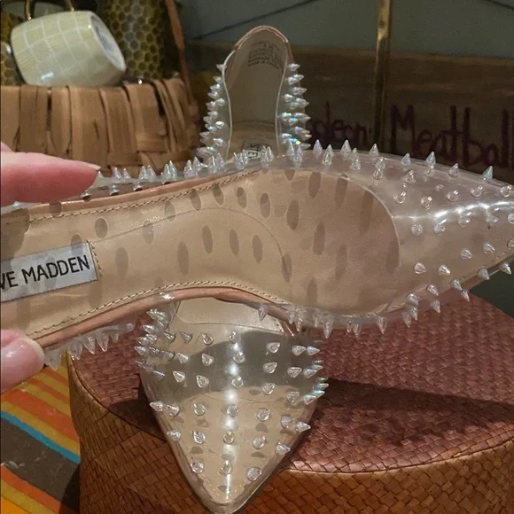 Steve Madden Tolima Clear Ecru High Heel Womens Size 9.5M Pumps Silver Studded - Picture 10 of 16